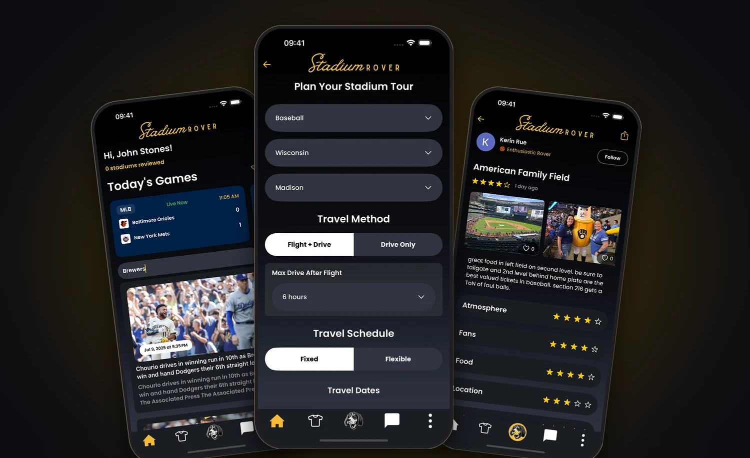 Stadium Rover app screens: today's games, stadium tour planner and stadium reviews